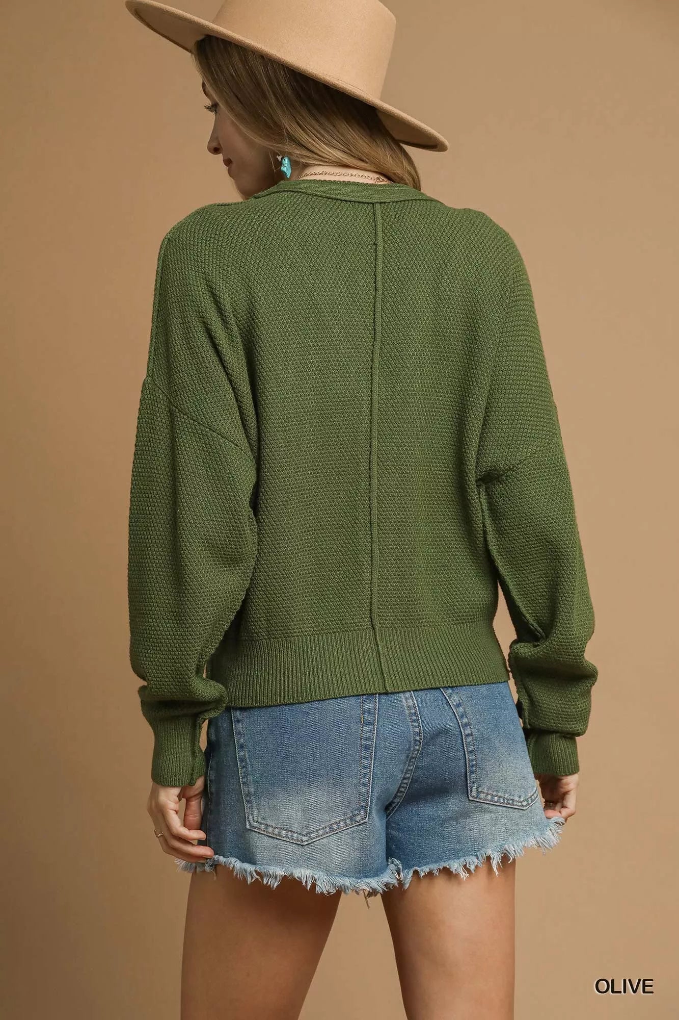 Umgee Button-Up Cardigan Olive Green Chunky Cable Knit V-Neck Sweater