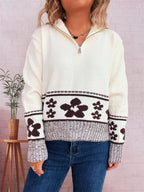 Women's Sweater Flower Hem Zip Collar Long Sleeve Stylish Pullover b1f3b71ba42f41b79791e5b731647f8f-Max-Origin Trendsi