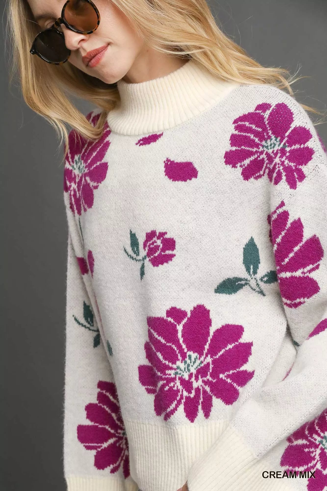 Umgee Sweater Womens Floral Cream Fucshia Patterned Mock Neck Pullover b1f7e653-b81f-4a40-b088-062813933025-Max-Origin Trendsi