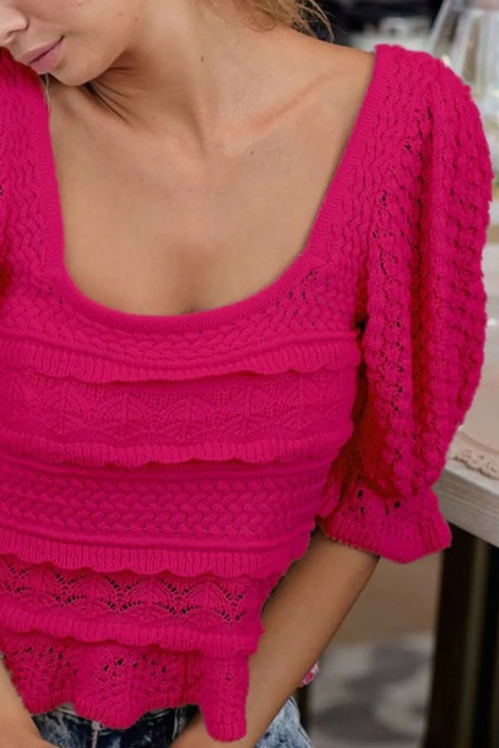 BiBi Crochet Top Hot Pink Square Neckline Ruffled with Puff Short Sleeve b1fc1a86-9ba8-48a9-b13f-cd55bcc421b8-Max-Origin Trendsi