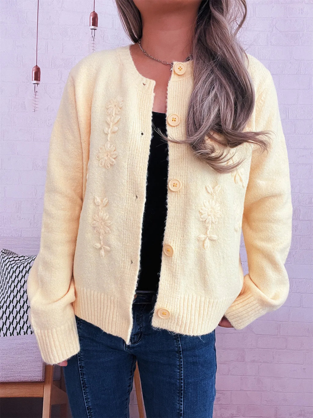 Women's Cardigan Flower Embroidered Button Up Ribbed Hem Round Neck Yellow One Size-Regular b2042bf997df4446bde758cfea804c24-Max-Origin Trendsi