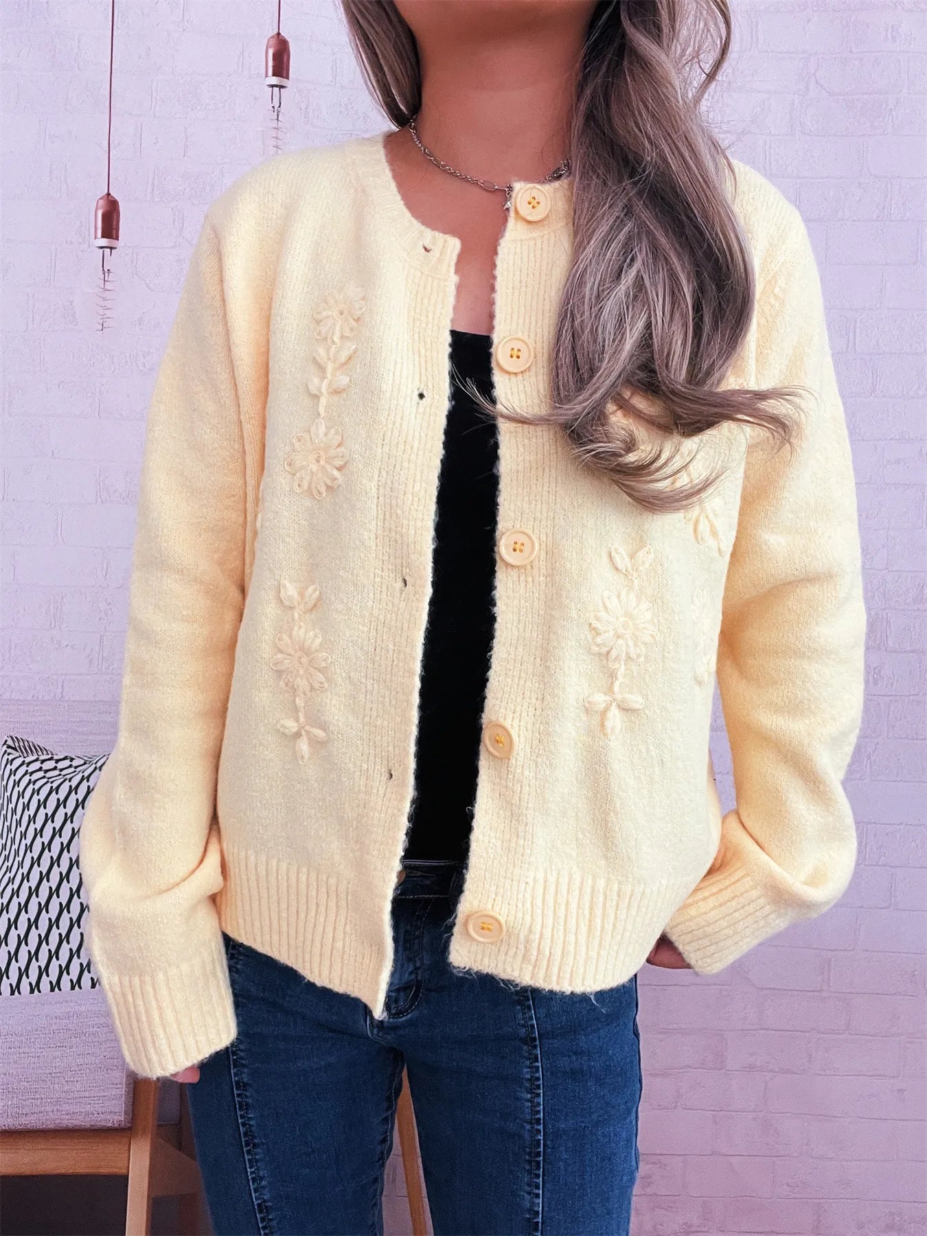 Women's Cardigan Flower Embroidered Button Up Ribbed Hem Round Neck Yellow One Size-Regular b2042bf997df4446bde758cfea804c24-Max-Origin Trendsi