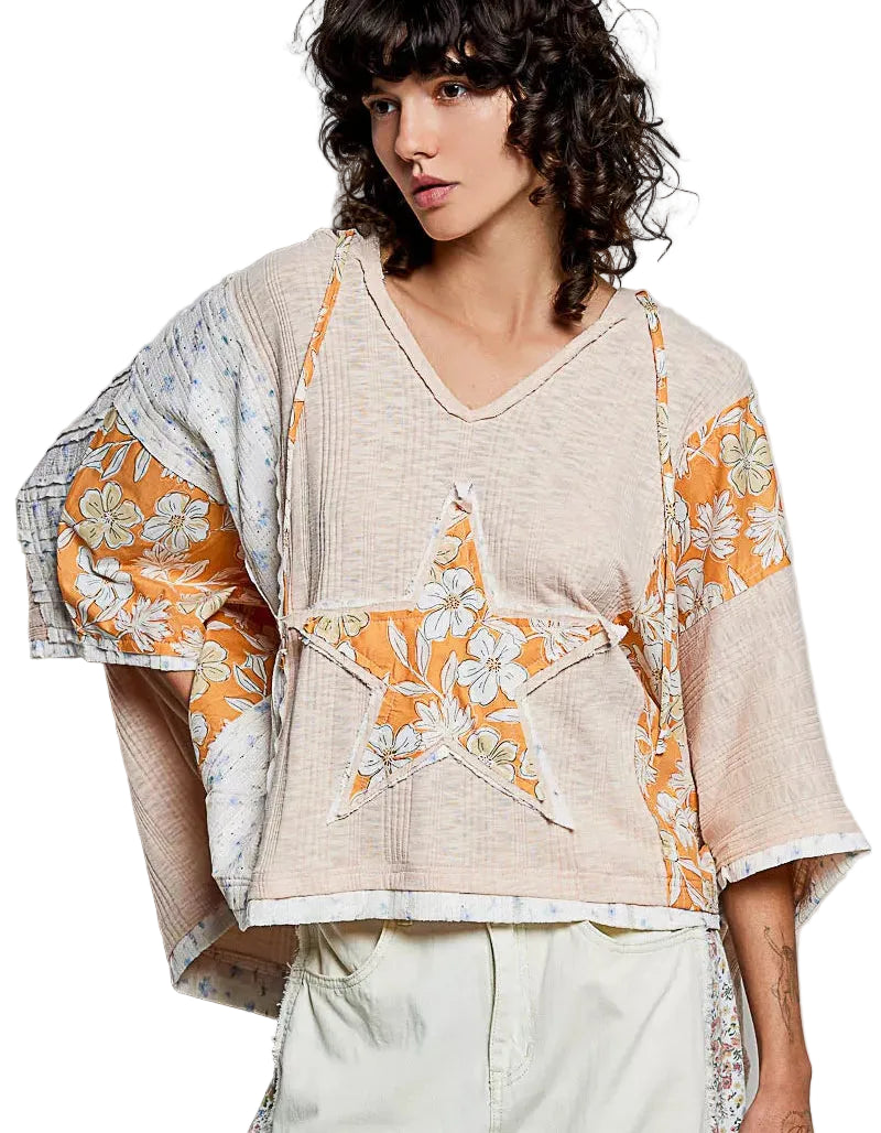 POL Floral Star Patch Hooded Blouse with Lace Contrast Detail