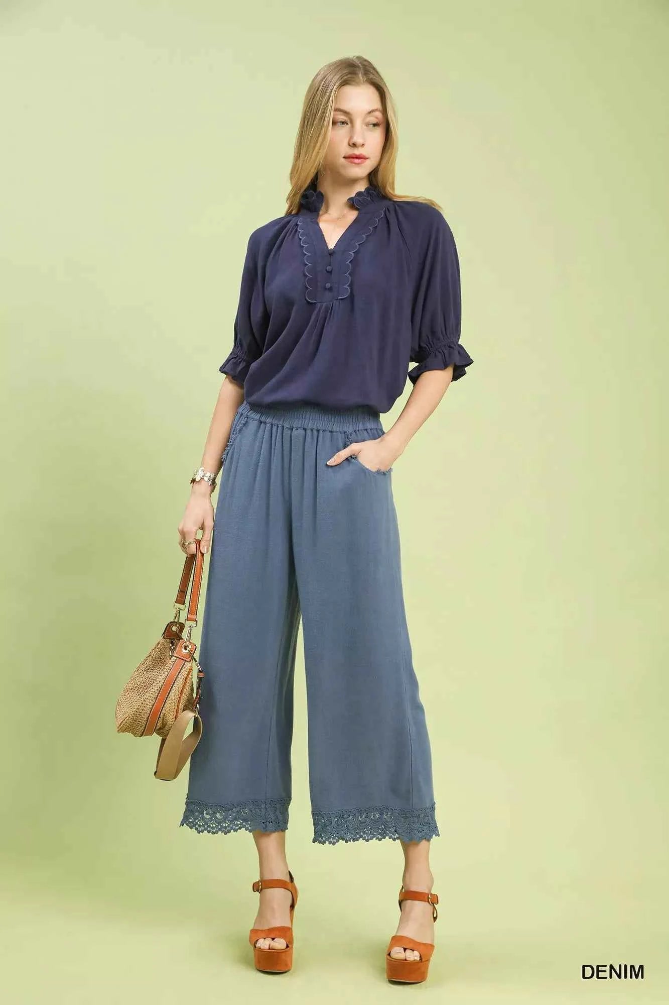Umgee Wide Leg Cropped Pants Denim Blue Linen Cotton with Lace Trim b2158035-438e-42f5-badc-a1f48d4e8e81-Max-Origin Trendsi