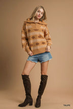 Umgee Womens Sweater Floral Patterned Jacquard Taupe Quarter-Zip Pullover b2162073-f648-4aa1-9f84-4ab3e525990f-Max-Origin Trendsi