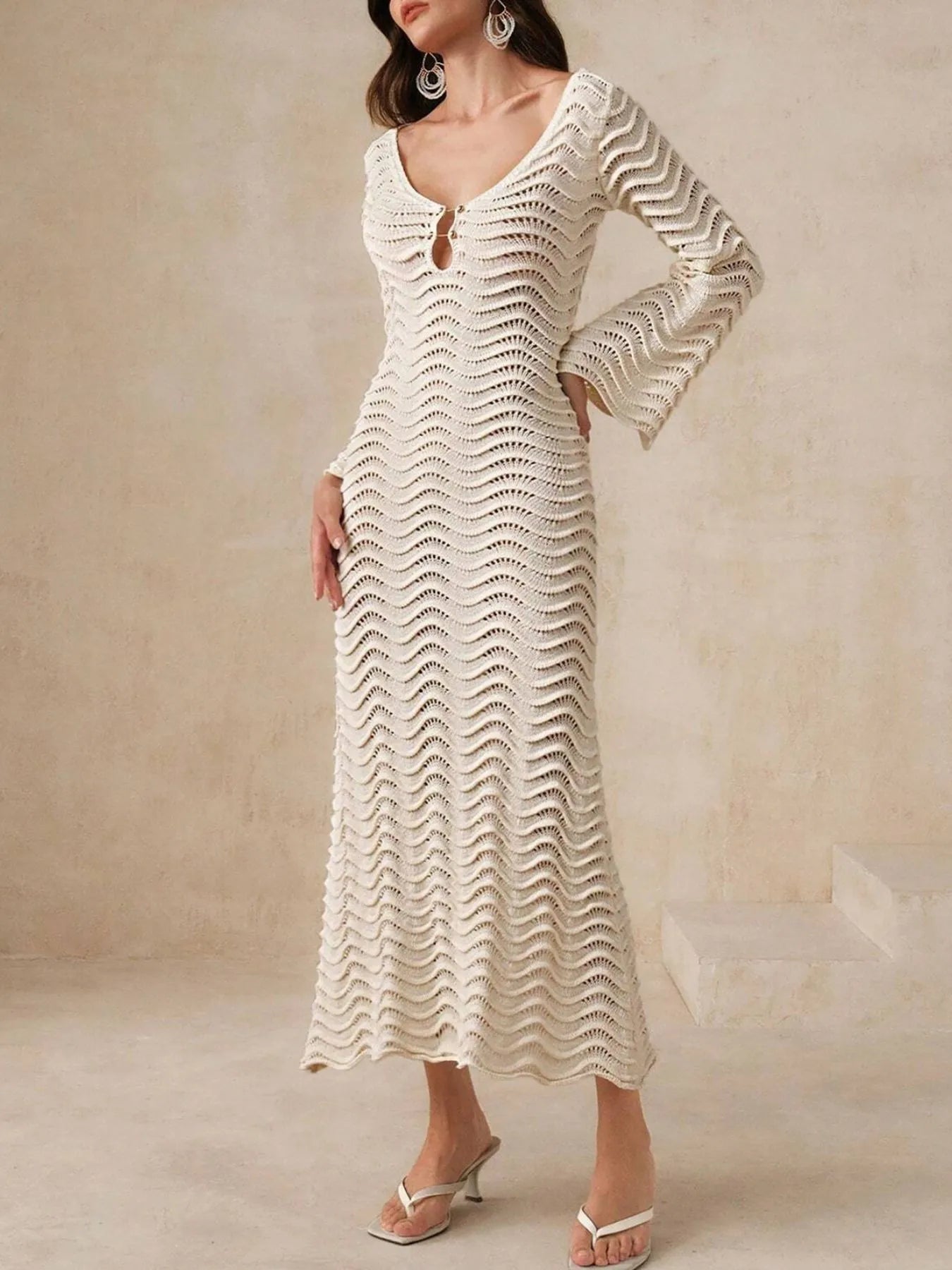 Wave Maxi Knit Dress Openwork Crochet Cutout V Neck Long Sleeve b226a889-d256-49a4-9590-fce42fab05f5-Max-Origin Trendsi