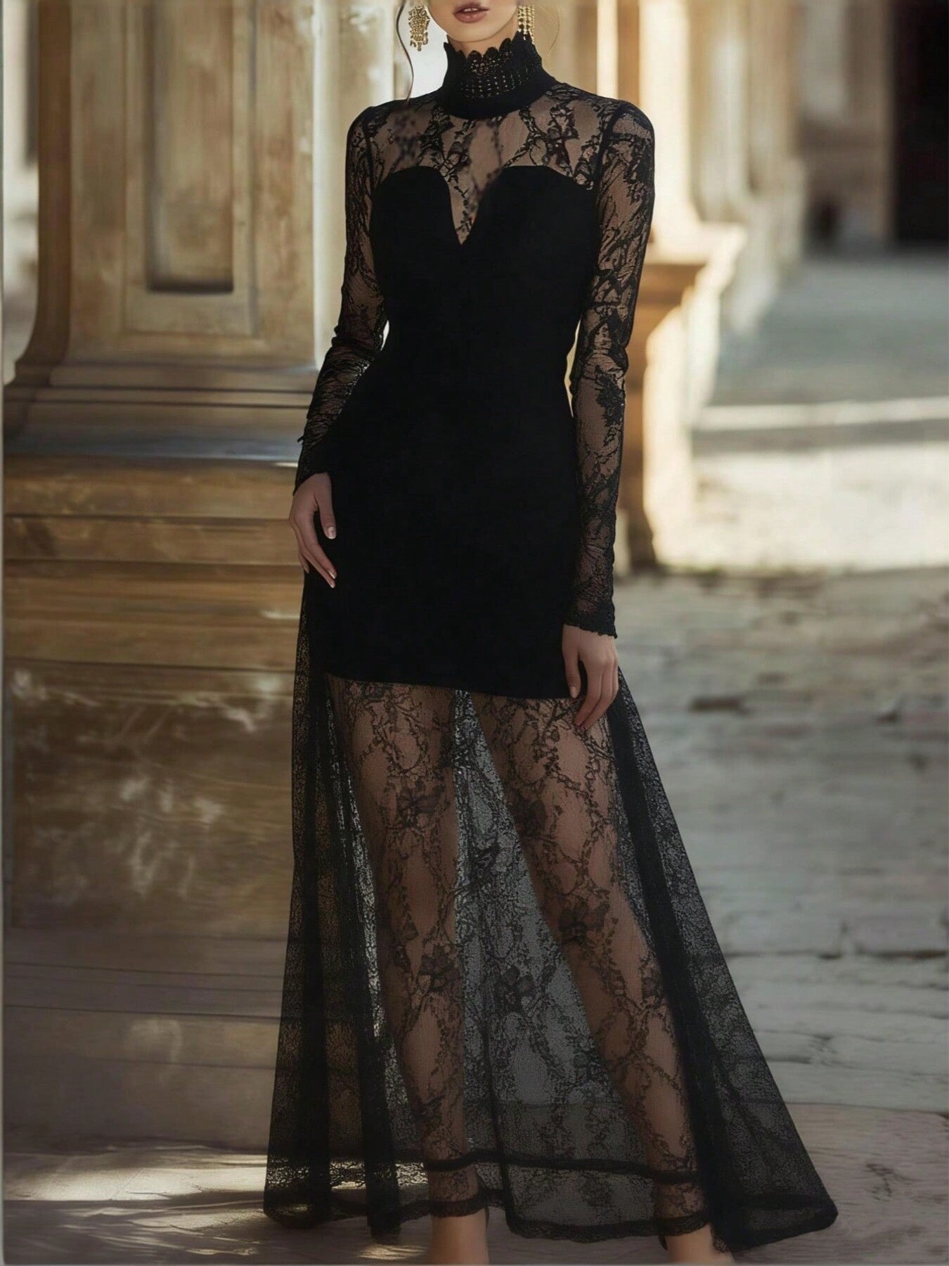 Lace High-Neck Long Sleeve Maxi Dress
