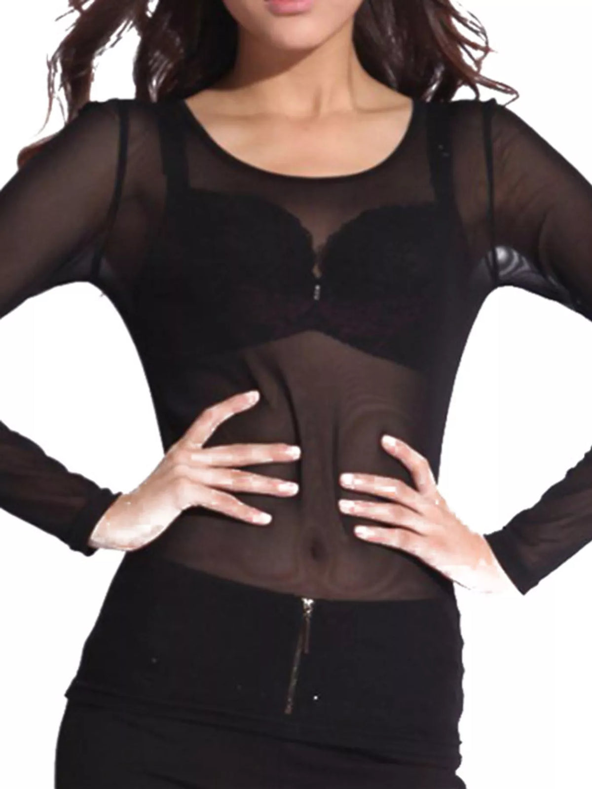 Front view of model in black bodycon mesh bodysuit with scoop neck posing with hands on hips