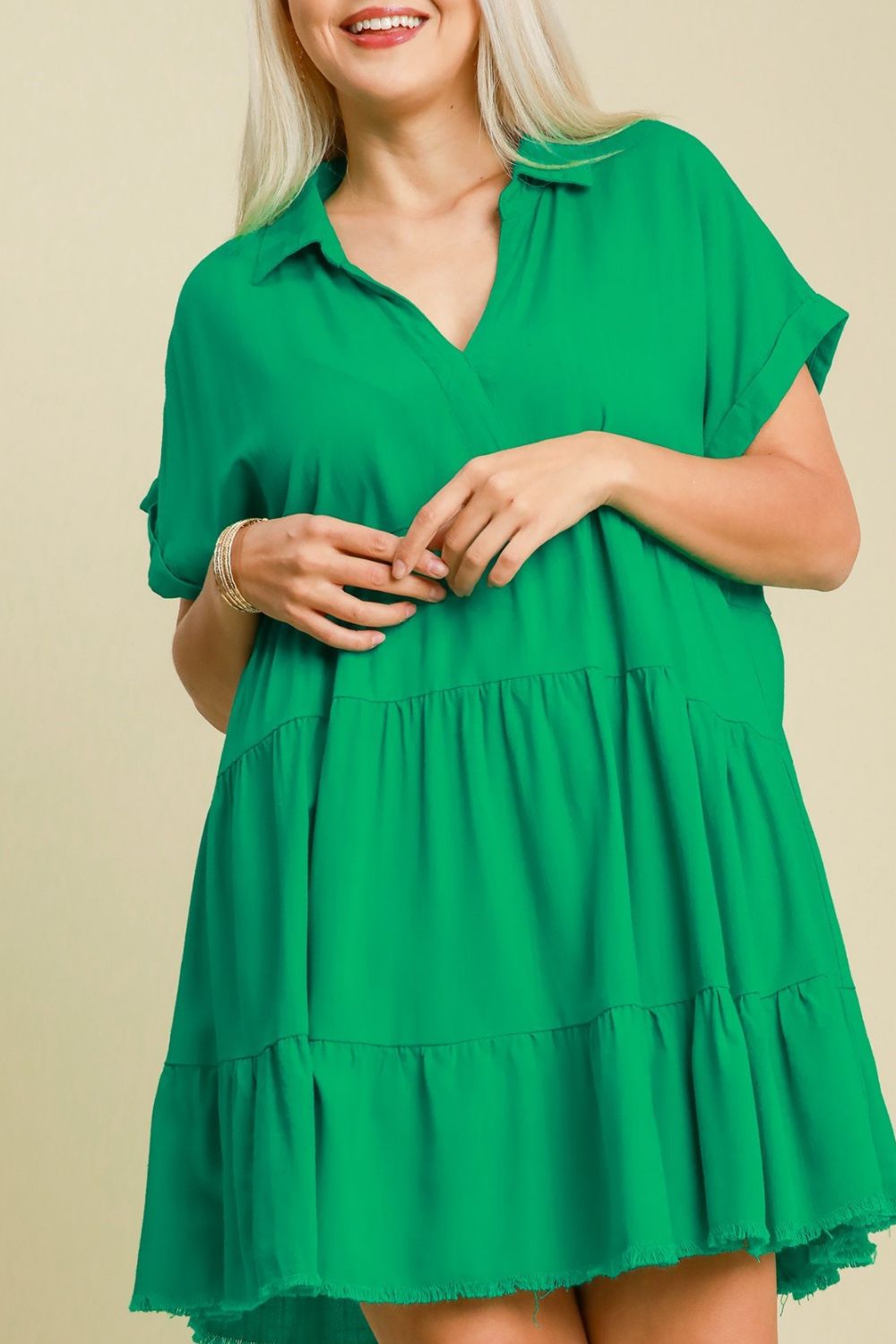 Umgee Mini Dress Green Ruffle Raw Hem Folded Short Sleeve Tiered b235440b-d011-400c-939f-678f82ad0a49-Max Trendsi