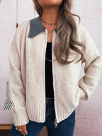 Women's Cardigan Zip-Up Contrast Collar Soft Acrylic Knit Sweater Apricot One Size b2381a0f599b4747ac5d8881f72d8d4e-Max-Origin Trendsi