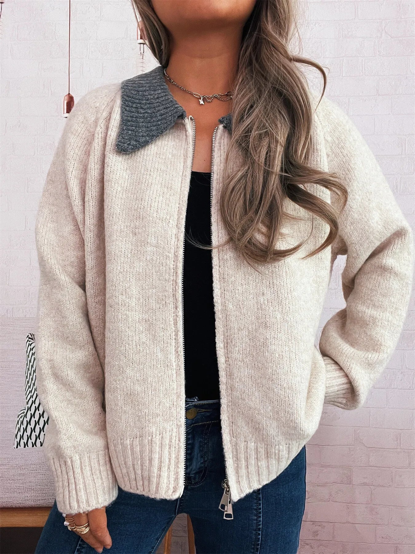 Women's Cardigan Zip-Up Contrast Collar Soft Acrylic Knit Sweater Apricot One Size b2381a0f599b4747ac5d8881f72d8d4e-Max-Origin Trendsi