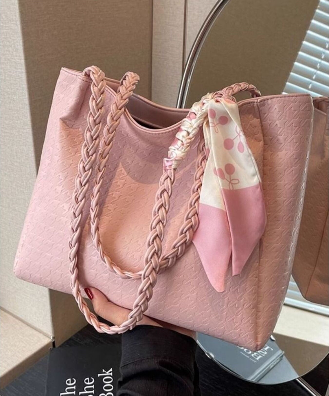 Braided Handle Large Tote Bag in PU Leather, Imported