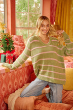 BiBi Womens Sweater Striped Sage Green Long Sleeve Oversized Pullover b24a8638c5834944bbed9768fda907c6-Max-Origin Trendsi