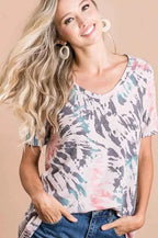 BiBi Women T-shirt Tie Dye Print Terry Deep U Neck Top Short Sleeve Top b24c8fa3cd5e4f5ebef63dd95a4e7e16-Max-Origin Trendsi