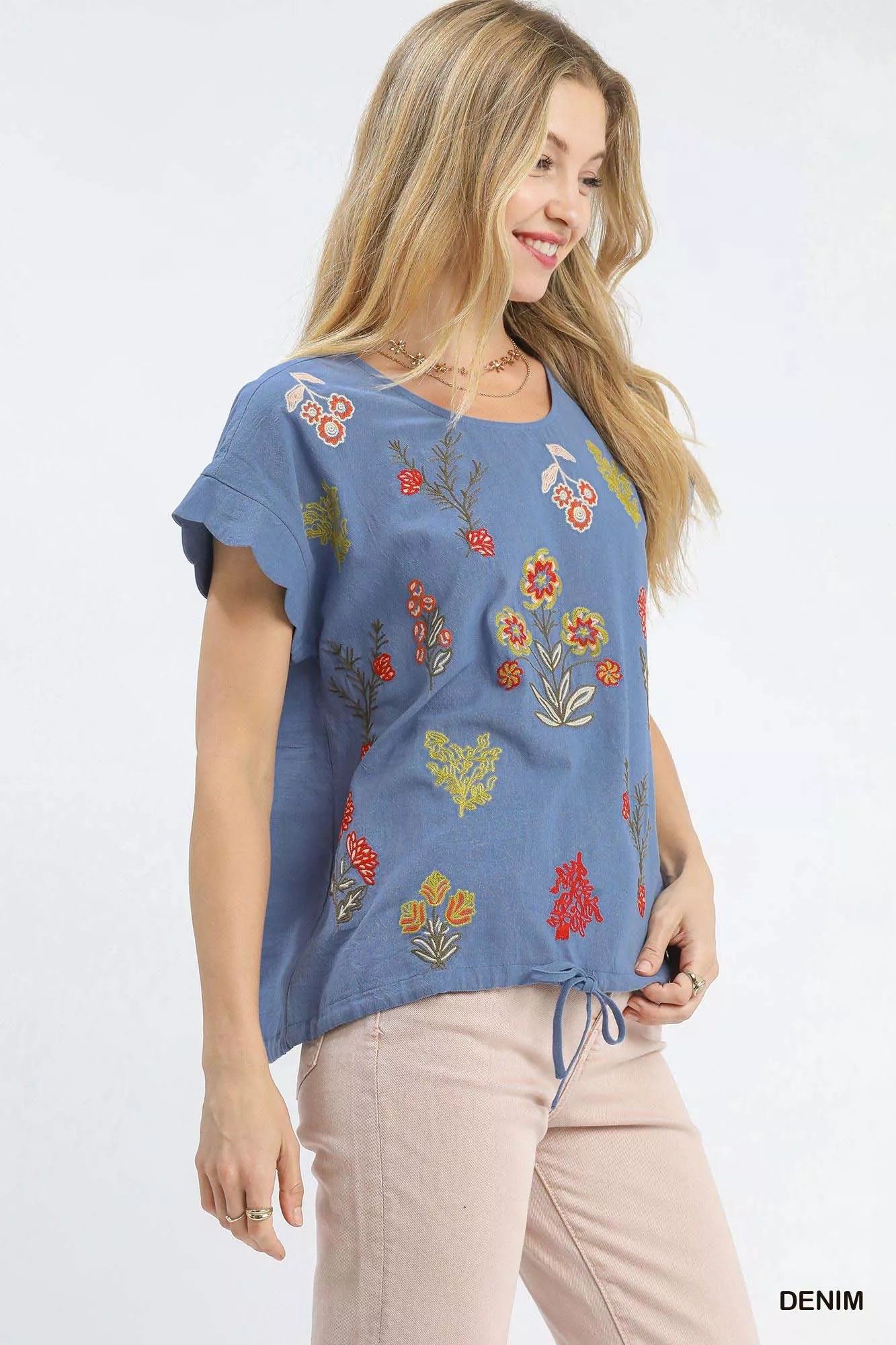Umgee Womens Blouse Blue Floral Embroidered Scallop Short Sleeve Top b24c96af-e23a-44b0-9bb6-63709fe10a66-Max-Origin Trendsi