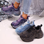 Rhinestone Lace-Up Sneakers with High Heels