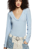 POL V-Neck Long Sleeve Ribbed Top with Lace-Accent Neckband