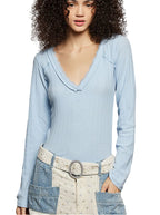 POL V-Neck Long Sleeve Ribbed Top with Lace-Accent Neckband