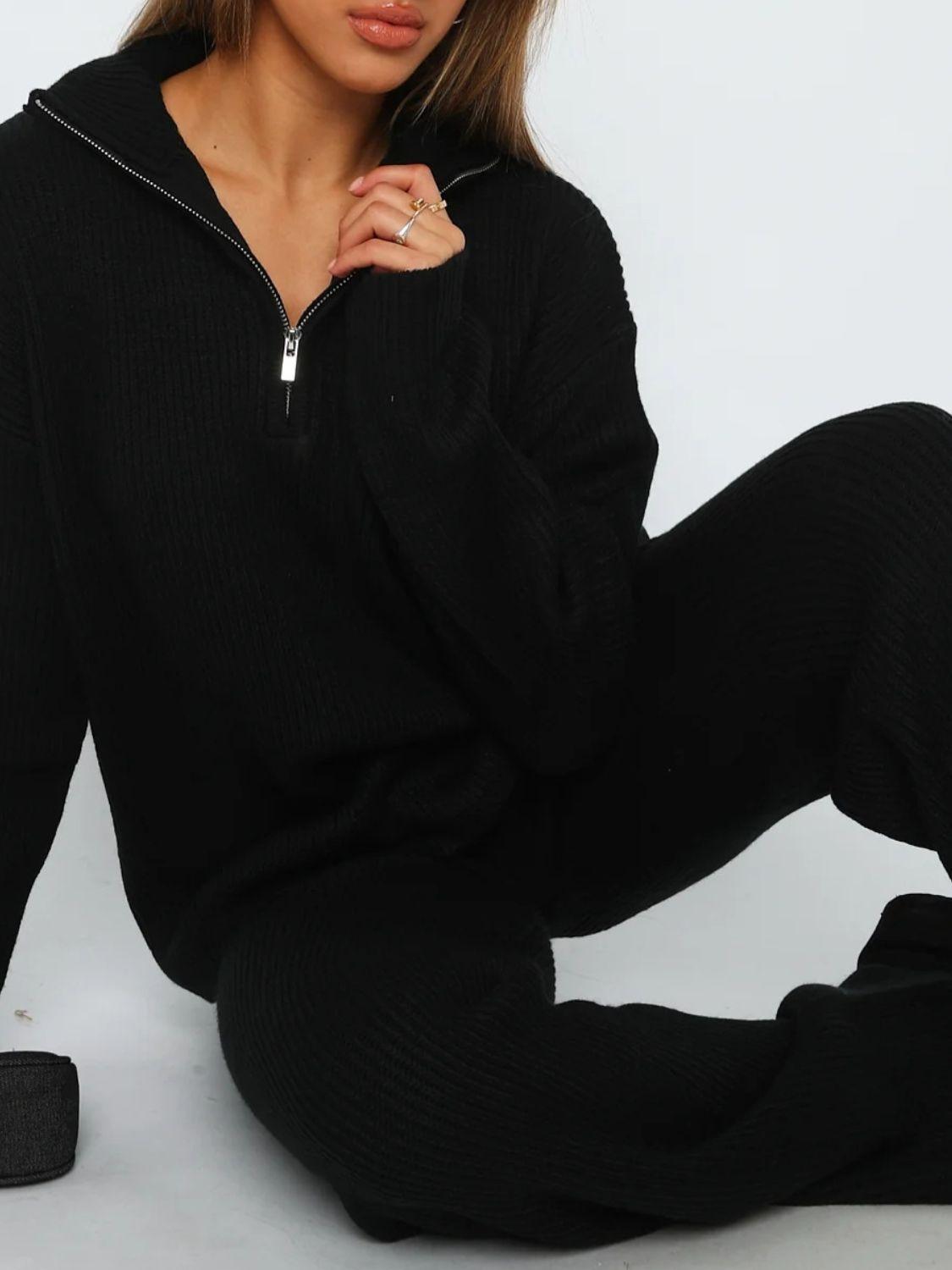 Outfit Set Ribbed Quarter Zip Long Sleeve Top and Pants Set b2568af6-50a5-4053-a22b-70df75e3581f-Max Trendsi