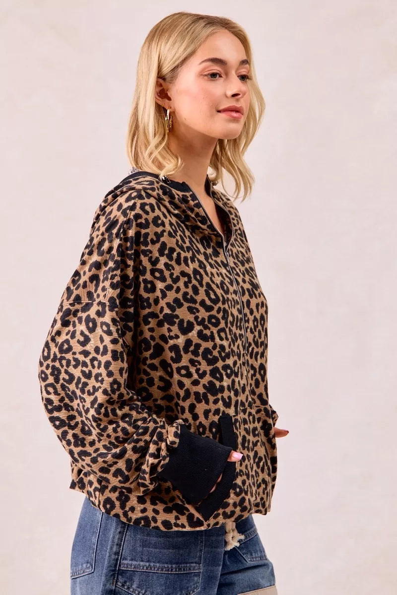 BiBi Leopard Print Hoodie Womens Waffle Half Zip Up With Pockets b258369fbf58484d9e77985ed4714423-Max-Origin Trendsi