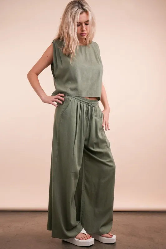 VERY J Outfit Set Olive Woven Top & High Waisted Pants Pocketed 2 Pcs b25c48ff07df42f38bc9520608f34293-Max-Origin Trendsi