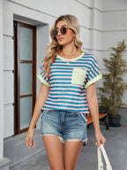 Women's T-Shirt Striped Round Neck Short Sleeve Front Pocket Top b26e5e12-c86b-4b83-a485-6770442b5ae8-Max Trendsi