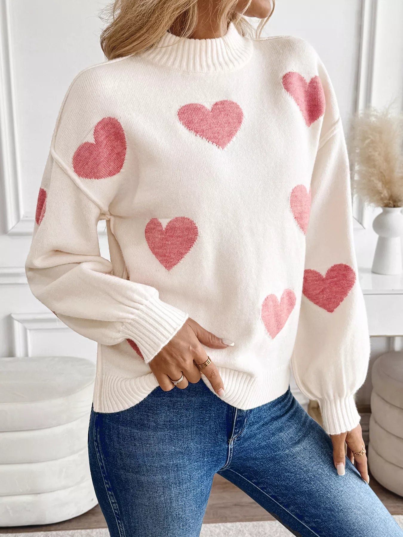 Women's Sweater Heart Mock Neck Long Sleeve Soft Knit Pullover b27136b89f2e4798b034f6c45e0b64fc-Max-Origin Trendsi
