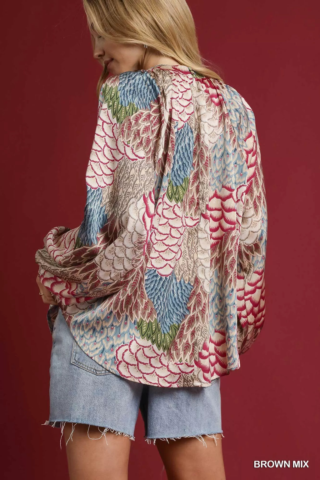 Umgee Women's Blouse Boho Feather Print Brown Mix Peasant Long Sleeve Top b27fa78b-52f9-4920-a8f5-b453400e3f90-Max-Origin Trendsi