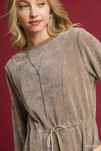 Umgee Mini Dress Velour Mocha Drawstring with Long Sleeves b282d4e2-12db-4e11-932f-7357ded96492-Max-Origin Trendsi