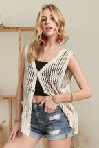 ADORA Crochet Vest Top Buttoned Beige Distressed Pocketed b283d78f9d614f7eacd94fca22a69cb7-Max-Origin Trendsi
