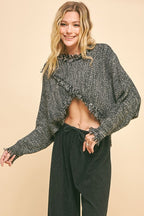 Davi & Dani Crop Sweater Women Fringe Hem Overlapping Asymmetrical Top Grey Black b2884b74-4344-4857-a44c-2229fdb9f34d-Max Trendsi