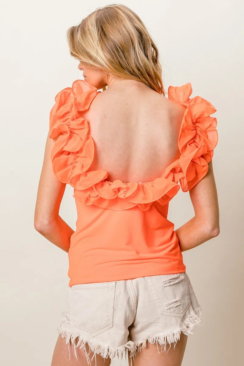 BiBi Tank Top Merrow Frilled Strap With Ruffle Neckline Neon Coral Blouse b2973085022b45d9ad715cf40b244a84-Max-Origin Trendsi