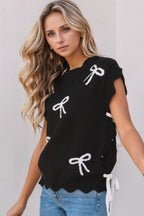 Women's Sweater Black Bow Side Ties Scalloped Hem Cap Sleeve Black b2975623-779f-4c00-95a4-4064360605f9-Max-Origin Trendsi