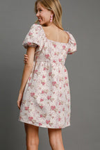 Umgee USA Mini Dress Heart Jacquard Square Neck Puff Short Sleeve b29c807a-00a2-4f1d-b277-74a47b9f35b0-Max Trendsi