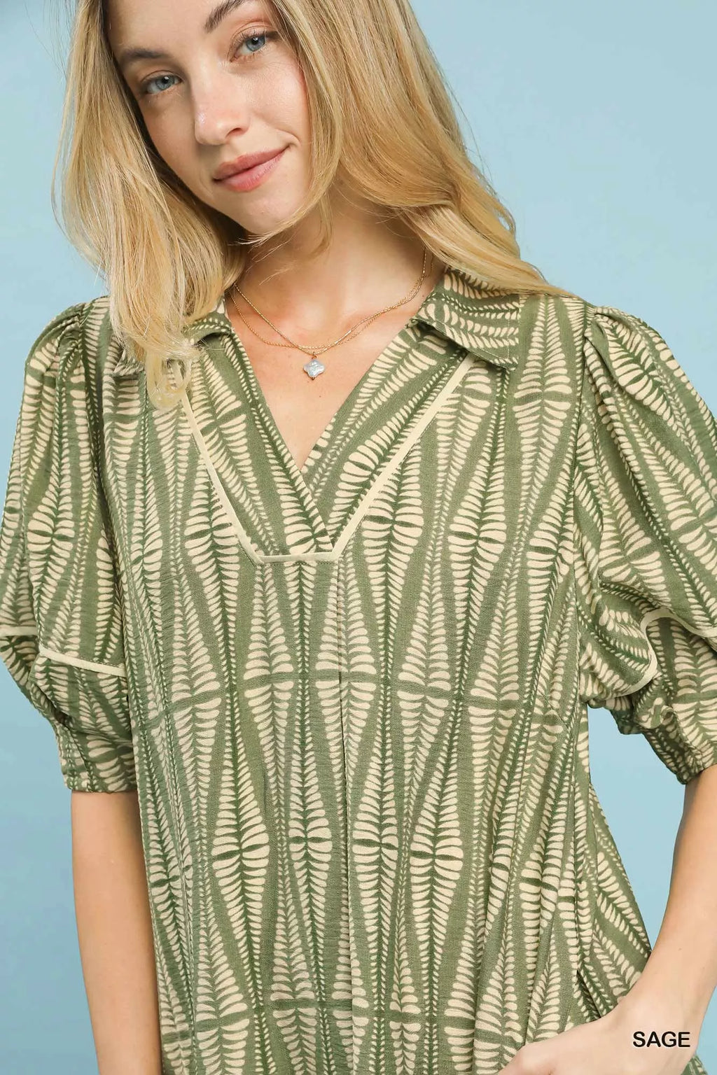 Umgee Midi DressvGeometric Print Sage Green Short Ballon Sleeve with Pockets b29cfef7-ee90-4c3a-b20c-12fa221d2298-Max-Origin Trendsi