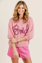 BiBi Womens Hairy Sweater Pink Metallic Letter Short Puff Sleeve Top b2abf307-dccb-4eff-a2de-f4cecf3bee8f-Max-Origin Trendsi
