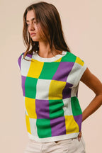 BiBi Womens Sweater Knit Top Mardi Gras Checker Pattern Sleeveless b2b2f08853fc4bca82e2ed5f1db235ab-Max-Origin Trendsi