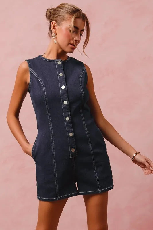 SO ME Denim Romper Button Up Front Dark Washed Sleeveless Jumpsuit b2b82419f0974b5cb7c1eaadb6b17915-Max-Origin Trendsi