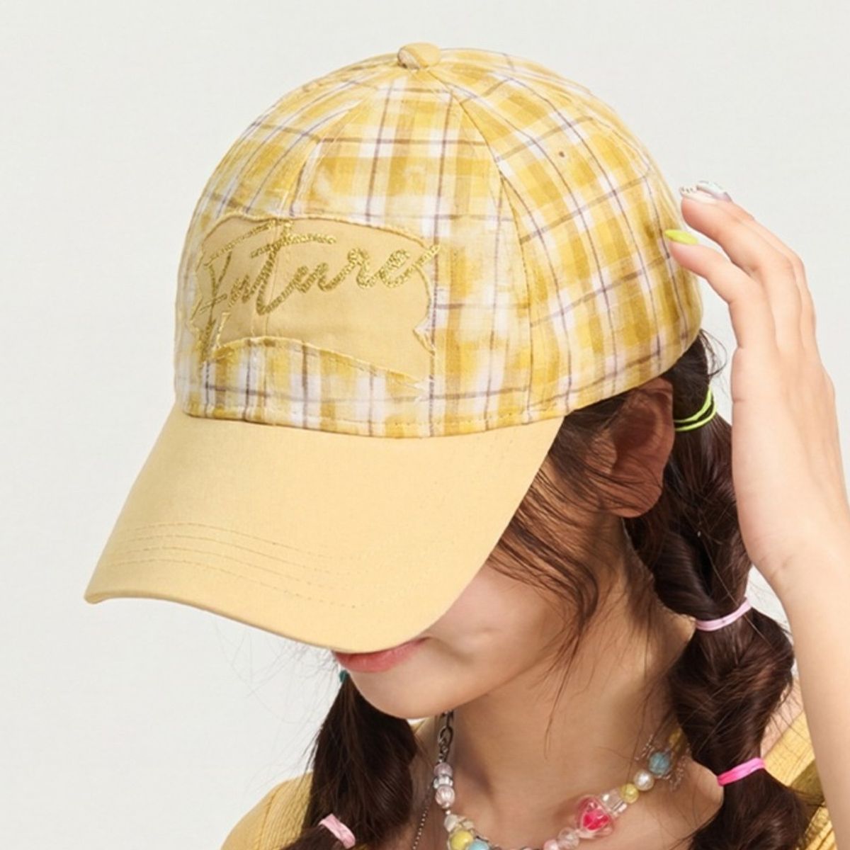 Plaid Baseball Cap with Sequin Detail