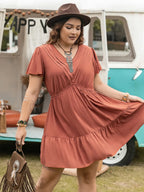 Plus Size V-Neck Dress with Ruffle Hem and Short Sleeves
