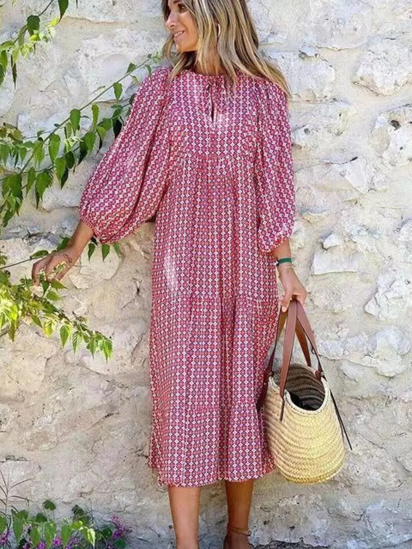 Maxi Dresses Colorful Printed V-Neck Balloon Short Sleeve Ruffled Oversized Cerise b2ca3590b7a142afae971a48f6753fbe-Max-Origin Trendsi