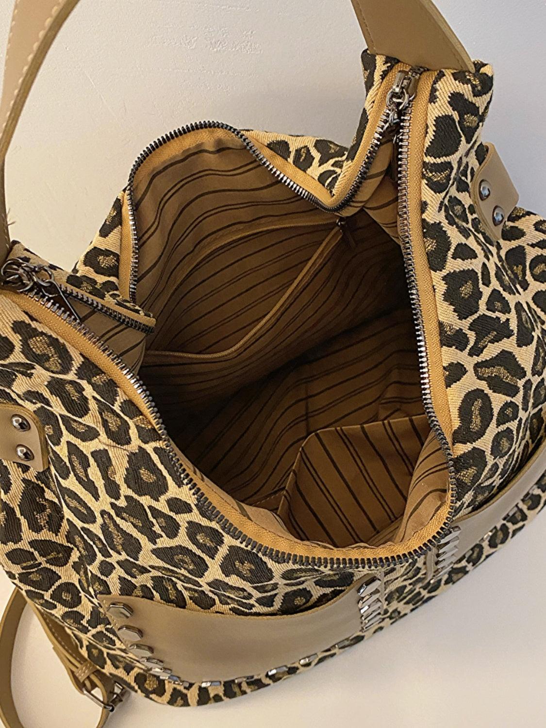 Leopard Polyester Large Shoulder Bag with Stud Beaded Leather Pockets