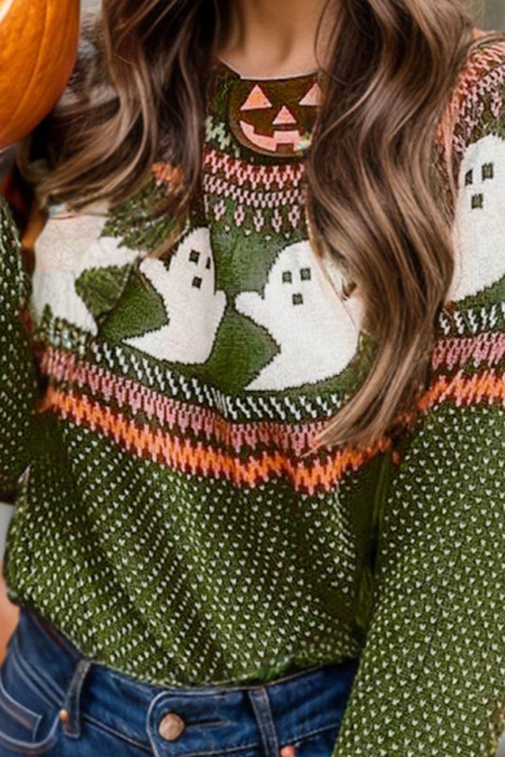 Ghost Sweater Round Neck Long Sleeve Halloween Pullover b2d6333a-f88d-43b5-bd1d-4b2b6063bf60-Max Trendsi