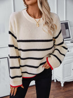 Striped Sweater Round Neck Dropped Shoulder Bell Long Sleeve b2d705f3-9ff2-4567-b52d-38aaebb34fd2-Max Trendsi