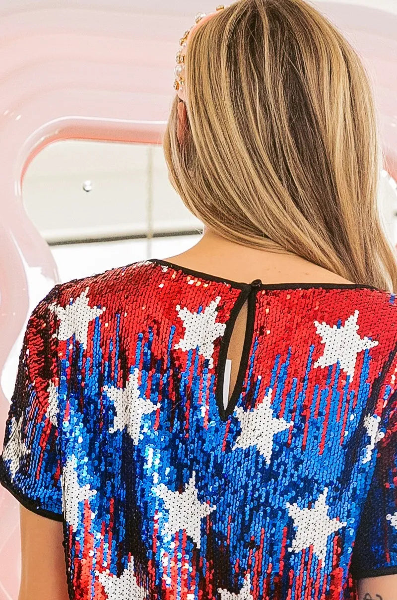 BiBi Sequin Top American Theme Star Pattern Short Sleeve T-shirt b2d89f665ad64954a43ae96673977104-Max-Origin Trendsi
