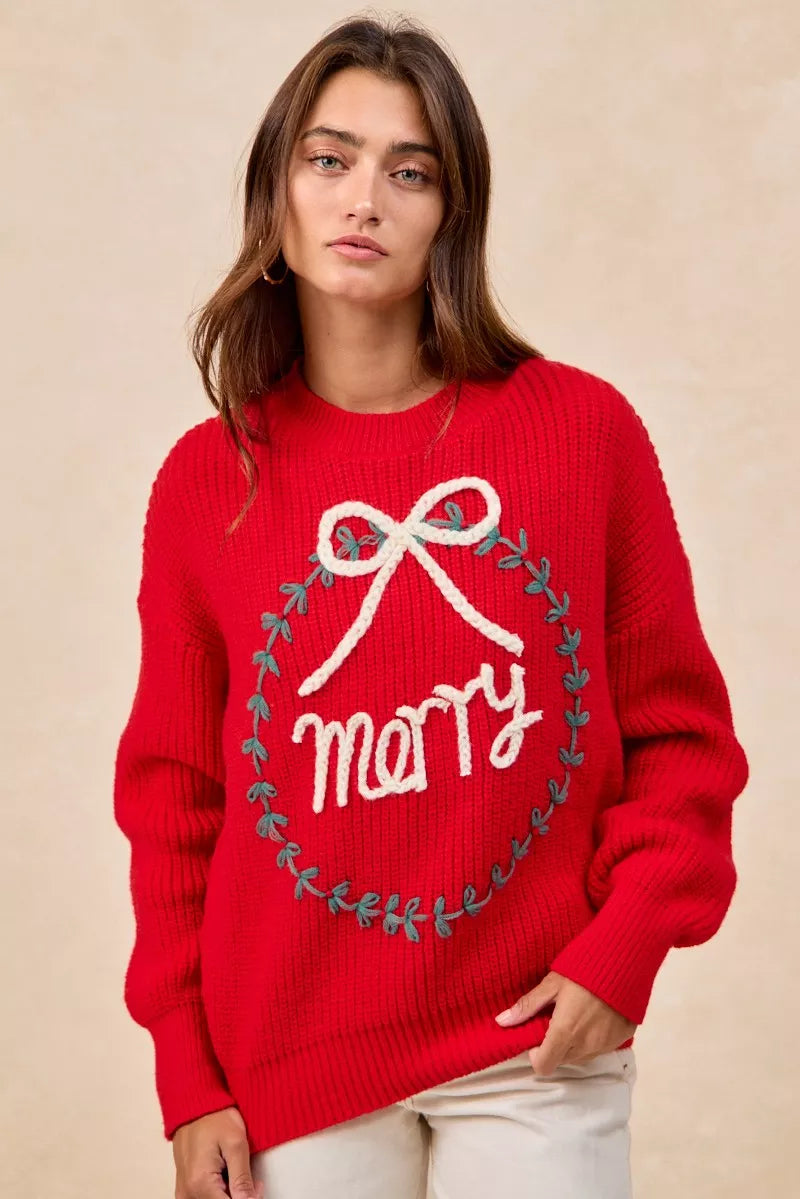BiBi Christmas Womens Pullover Red Wreath Merry Letter Knit Top b2d9ca5d7768423cabfe4bfa90fd39b9-Max-Origin Trendsi