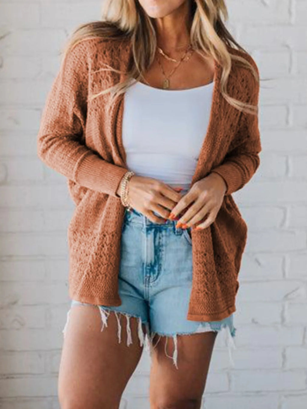 Women's Cardigan Open Front Knitted with Eyelet Details Long Sleeve b2de7cda-0e38-42fd-98dd-0483d3b30dd7-Max-Origin Trendsi