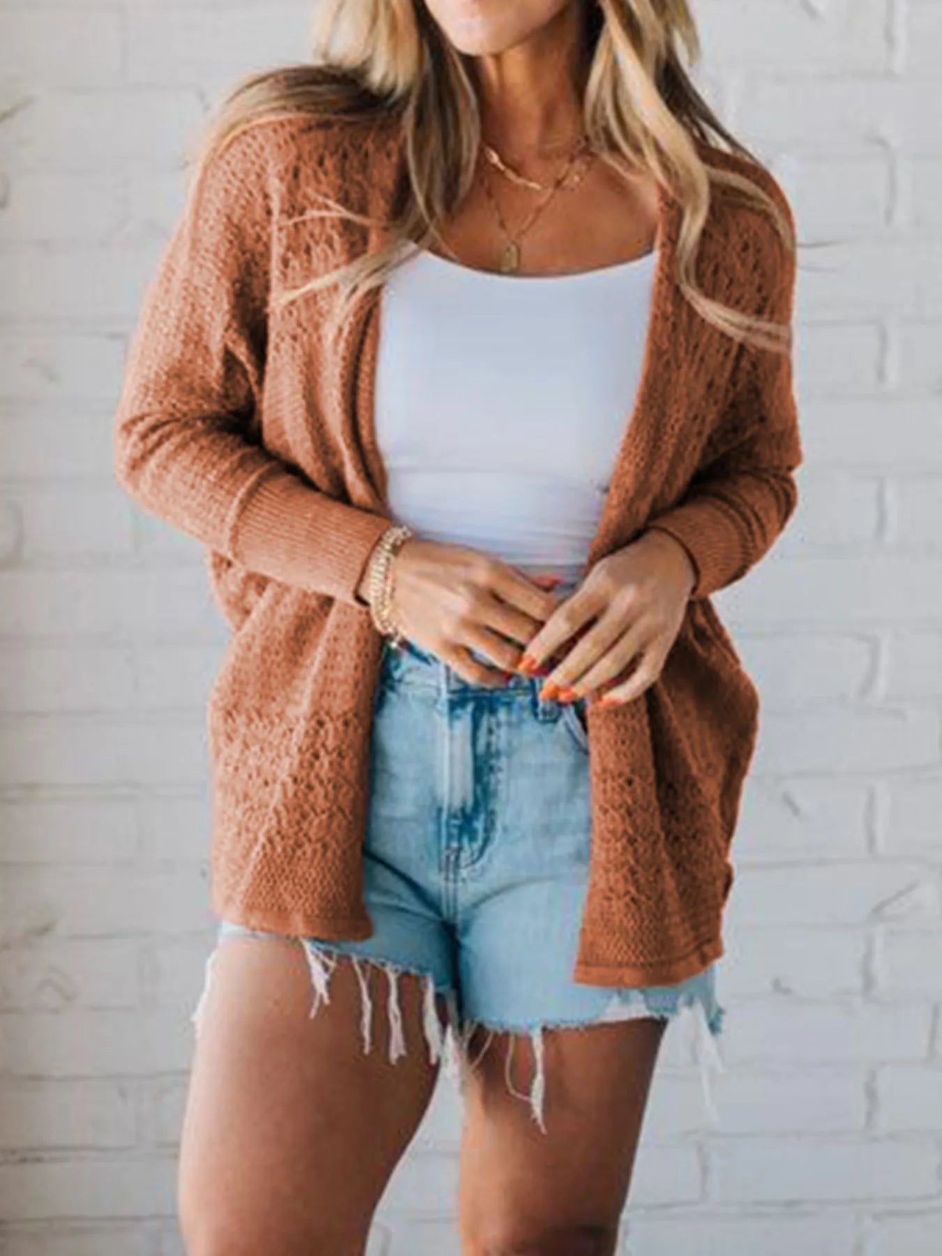 Women's Cardigan Open Front Knitted with Eyelet Details Long Sleeve b2de7cda-0e38-42fd-98dd-0483d3b30dd7-Max-Origin Trendsi