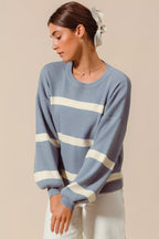 SO ME Womens Sweater Dusty Blue Ribbed Striped Round Neck Pullover b2ed5147b4b645d4bee394123b31703c-Max-Origin Trendsi