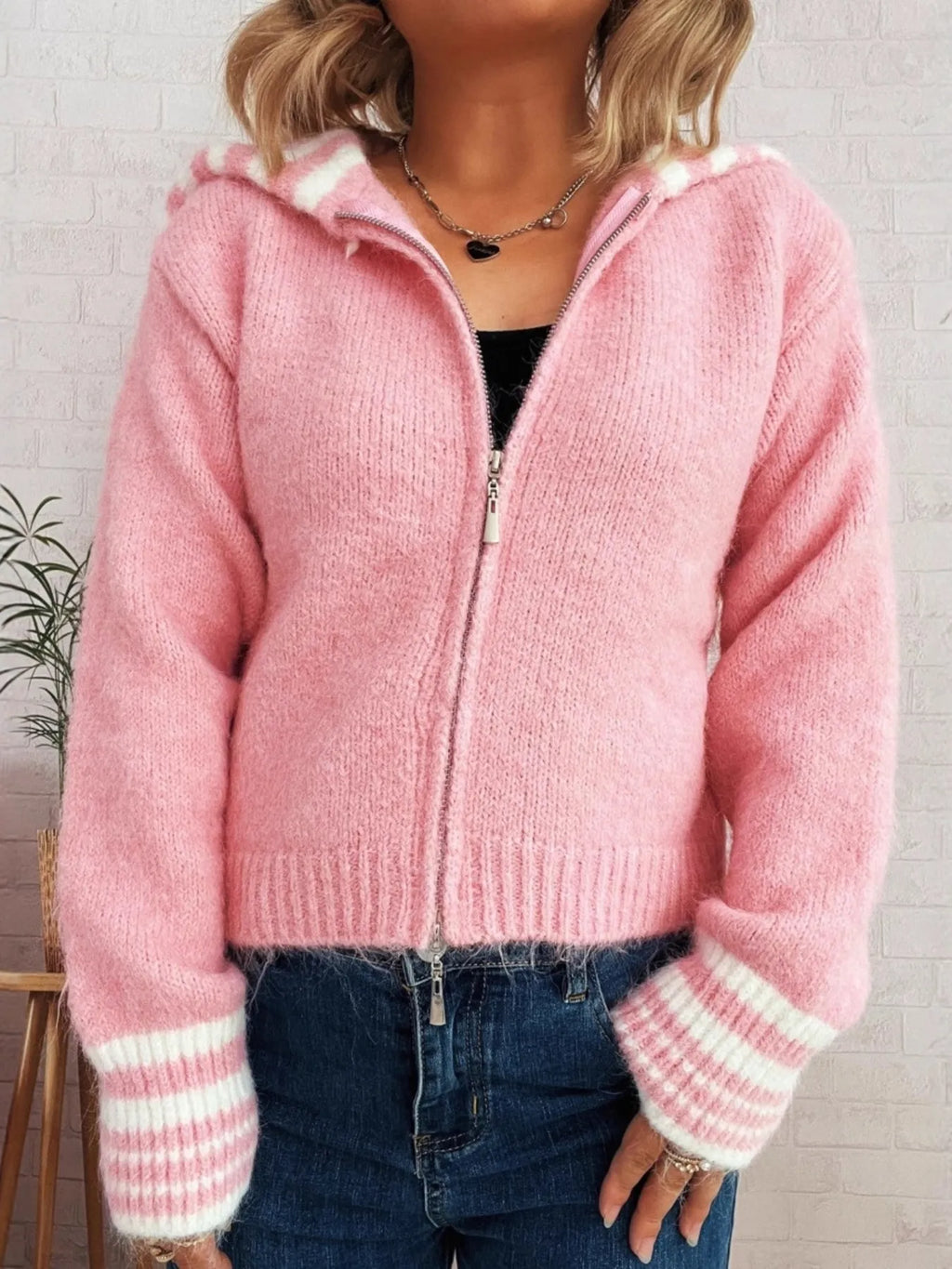 Women's Cardigan Striped Zip-Up Knit Long Sleeve Collared b2eeadb4192a4fe89813b851a522060e-Max-Origin Trendsi